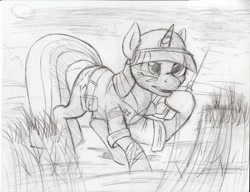 Size: 1000x768 | Tagged: safe, artist:acesential, ponerpics import, twilight sparkle, clothes, deleted from derpibooru, grayscale, monochrome, sketch, soldier, solo