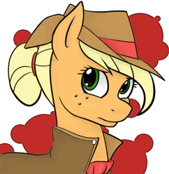 Size: 768x793 | Tagged: safe, artist:acesential, artist:moonlight-ki, ponerpics import, applejack, earth pony, pony, alternate hairstyle, bust, deleted from derpibooru, hat, portrait, solo