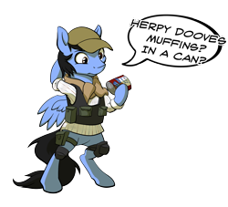 Size: 1200x1089 | Tagged: safe, artist:acesential, ponerpics import, oc, oc only, oc:neo miles, pegasus, pony, baseball cap, bipedal, bulletproof vest, can, clothes, confused, dayz, deleted from derpibooru, hat, hero, herpy dooves, hoof hold, knee pads, leg strap, muffin, pouch, scarf, shirt, simple background, solo, speech bubble, transparent background