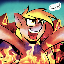 Size: 1000x1000 | Tagged: safe, artist:acesential, ponerpics import, derpy hooves, pegasus, pony, burning, dark comedy, deleted from derpibooru, female, fire, mare, ponyville, pure unfiltered evil, pyromaniac, solo