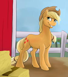 Size: 1000x1125 | Tagged: safe, artist:acesential, ponerpics import, applejack, earth pony, pony, cowboy hat, deleted from derpibooru, dreamworks face, fence, grin, hat, hay, solo, stetson, sweet apple acres