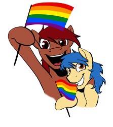 Size: 1000x1119 | Tagged: safe, artist:acesential, ponerpics import, oc, oc only, oc:equalizer, oc:penn, pony, deleted from derpibooru, flag, gay, gay pride flag, happy, hoof hold, male, oc x oc, pride, simple background, stallion, transparent background