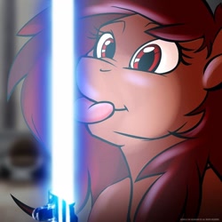 Size: 960x960 | Tagged: safe, artist:acesential, ponerpics import, oc, oc only, oc:penny, pony, deleted from derpibooru, forbidden snack, imminent darwin award, imminent pain, lightsaber, solo, star wars, this will end in pain, this will end in tears, tongue out, too dumb to live, weapon, why