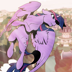 Size: 1600x1600 | Tagged: safe, artist:acesential, ponerpics import, twilight sparkle, twilight sparkle (alicorn), alicorn, pony, deleted from derpibooru, female, flying, mare, ponyville, solo, wings