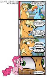 Size: 800x1304 | Tagged: safe, artist:acesential, ponerpics import, applejack, pinkie pie, rainbow dash, earth pony, pegasus, pony, apple, apple tree, applejack's hat, comic, cowboy hat, deleted from derpibooru, dialogue, ears, eye contact, floppy ears, forced smile, fourth wall, grin, hat, looking at each other, looking back, open mouth, paranoia fuel, scared, sitting, speech bubble, spying, stalker, sweat, tree