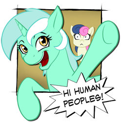 Size: 1200x1200 | Tagged: safe, artist:acesential, ponerpics import, bon bon, lyra heartstrings, sweetie drops, bon bon is not amused, breaking the fourth wall, deleted from derpibooru, fourth wall, waving
