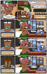 Size: 699x1080 | Tagged: safe, artist:acesential, ponerpics import, oc, oc only, oc:bowtie, oc:sad horn, pony, unicorn, comic:new beginnings, coffee, comic, convention, deleted from derpibooru, pokémon go, ponycon, ponycon nyc