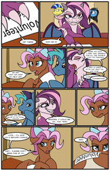 Size: 1989x3075 | Tagged: safe, artist:acesential, ponerpics import, oc, oc only, oc:bowtie, oc:mirage, oc:sans serif, oc:silver lining, oc:tiebreaker, comic:new beginnings, comic, convention, deleted from derpibooru, ponycon