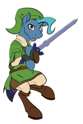 Size: 1280x1920 | Tagged: safe, artist:acesential, ponerpics import, oc, oc only, oc:tiebreaker, earth pony, pony, clothes, cosplay, costume, deleted from derpibooru, link, ponycon, simple background, solo, sword, the legend of zelda, transparent background, weapon