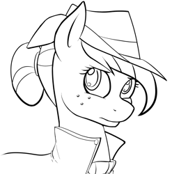 Size: 1200x1214 | Tagged: safe, artist:acesential, ponerpics import, applejack, earth pony, pony, fallout equestria, black and white, clothes, coat, deleted from derpibooru, fanfic, fanfic art, female, grayscale, hair bun, hat, mare, ministry mares, monochrome, simple background, solo, white background