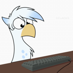 Size: 512x512 | Tagged: safe, artist:acesential, ponerpics import, oc, oc only, oc:ganix, griffon, animated, behaving like a bird, birb, birdposting, birds doing bird things, blinking, cute, deleted from derpibooru, desk, eyes closed, frame by frame, gif, griffon oc, griffons doing bird things, keyboard, loop, male, ocbetes, onomatopoeia, pecking, shitposting, simple background, solo, text, typing, white background
