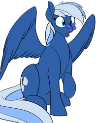 Size: 828x1062 | Tagged: safe, artist:acesential, ponerpics import, oc, oc only, oc:lunacy, butterfly, pegasus, pony, :o, deleted from derpibooru, female, insect on nose, mare, open mouth, raised hoof, simple background, solo, spread wings, white background, wings