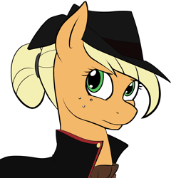 Size: 1200x1214 | Tagged: safe, artist:acesential, artist:icey-wicey-1517, color edit, edit, ponerpics import, applejack, earth pony, pony, fallout equestria, alternate hairstyle, clothes, coat, colored, deleted from derpibooru, fallout, female, hat, mare, ministry mares, simple background, solo, sweater, white background