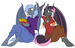 Size: 1800x1165 | Tagged: safe, artist:acesential, ponerpics import, oc, oc only, oc:panne, oc:quill, anthro, bat pony, fish, unguligrade anthro, anthro oc, bat pony oc, chopsticks, clothes, deleted from derpibooru, duo, eating, female, food, french fries, leaning, mare, pants, salmon, simple background, sitting, sweater, white background