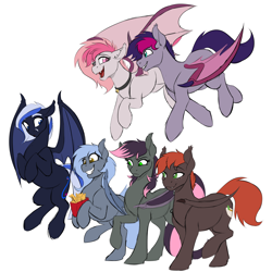 Size: 1600x1600 | Tagged: safe, artist:acesential, ponerpics import, oc, oc:candy quartz, oc:herbal blend, oc:panne, oc:quill, oc:retro wave, oc:starlight twist, bat pony, pony, bat pony oc, bipedal, deleted from derpibooru, female, flying, food, french fries, group, hoof hold, looking at each other, male, mare, simple background, stallion, white background