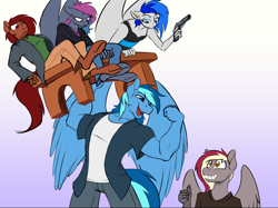 Size: 1920x1438 | Tagged: safe, artist:acesential, ponerpics import, oc, oc only, oc:penny, oc:running riot, oc:sapphire sights, oc:umami stale, oc:velvet quill, anthro, earth pony, hippogriff, pegasus, unguligrade anthro, beauty and the beast, breasts, deleted from derpibooru, delicious flat chest, gun, lifting, reference, trigger discipline, weapon