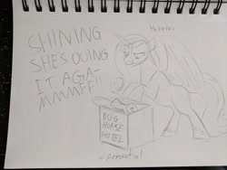 Size: 4048x3036 | Tagged: safe, artist:acesential, ponerpics import, princess cadance, queen chrysalis, alicorn, changeling, changeling queen, pony, abuse, box, bully, bullying, cardboard box, chrysabuse, deleted from derpibooru, dialogue, evil grin, evil laugh, female, grin, hoof shoes, mare, missing accessory, monochrome, open mouth, smiling, traditional art, yelling