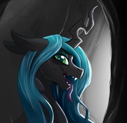 Size: 1280x1238 | Tagged: safe, artist:acesential, ponerpics import, queen chrysalis, changeling, changeling queen, bust, cave, changelings in the comments, deleted from derpibooru, fangs, female, lidded eyes, long tongue, looking at you, profile, quadrupedal, solo, tongue out