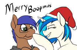 Size: 2000x1294 | Tagged: source needed, safe, artist:acesential, ponerpics import, dj pon-3, vinyl scratch, oc, oc:odyssey flash, pegasus, pony, unicorn, boop, canon x oc, christmas, clothes, cute, deleted from derpibooru, duo, eyes closed, grin, hat, holiday, hoodie, missing accessory, santa hat, simple background, smiling, transparent background