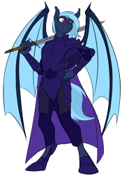 Size: 1792x2560 | Tagged: safe, artist:acesential, ponerpics import, oc, oc only, oc:midnight harmony, anthro, bat pony, unguligrade anthro, armor, bat pony oc, cape, clothes, deleted from derpibooru, fangs, female, helmet, simple background, solo, sword, transparent background, weapon
