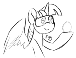 Size: 360x274 | Tagged: safe, artist:acesential, ponerpics import, twilight sparkle, twilight sparkle (alicorn), alicorn, pony, black and white, bust, deleted from derpibooru, doodle, egg, female, food, grayscale, holding an egg, mare, monochrome, simple background, smiling, solo, white background