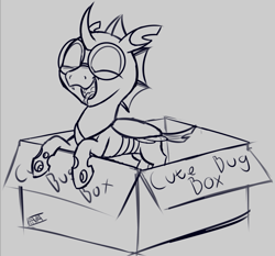 Size: 1105x1031 | Tagged: safe, artist:evan555alpha, ponybooru exclusive, oc, oc only, oc:yvette (evan555alpha), changeling, evan's daily buggo, box, cardboard box, changeling in a box, changeling oc, cute, fangs, female, forked tongue, glasses, happy, monochrome, ocbetes, open mouth, pony in a box, round glasses, signature, sketch, solo, text, tongue out