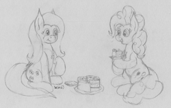 Size: 3294x2087 | Tagged: safe, artist:wapamario63, fluttershy, pinkie pie, earth pony, pegasus, pony, belly button, cake, cake slice, chest fluff, cute, duo, eating, food, monochrome, plate, raised hoof, sitting, sketch, traditional art