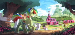Size: 3000x1409 | Tagged: safe, artist:redchetgreen, oc, oc only, earth pony, pony, barn, chicken coop, cloven hooves, cutie mark, dirt, earth pony oc, farm, fence, grass, high res, mountain, pale belly, scenery, smiling, solo, sweet apple acres, tree, unshorn fetlocks, walking