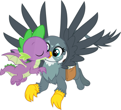 Size: 2568x2324 | Tagged: safe, artist:dashiesparkle, artist:dragonchaser123, derpibooru import, edit, gabby, spike, dragon, griffon, the fault in our cutie marks, .ai available, bag, cute, female, gabbybetes, kissing, kissy face, male, saddle bag, shipping, simple background, spabby, straight, transparent background, vector, winged spike