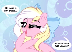 Size: 2048x1477 | Tagged: safe, artist:emberslament, derpibooru import, oc, oc:bay breeze, pegasus, pony, blushing, bow, cute, female, hair bow, heart eyes, looking at you, mare, one eye closed, open mouth, pun, solo, speech bubble, talking to viewer, wingding eyes, wink