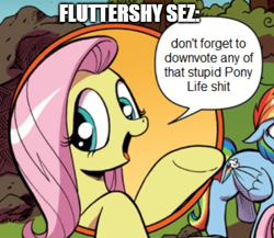 Size: 504x438 | Tagged: safe, derpibooru import, edit, idw, fluttershy, rainbow dash, pegasus, pony, advice, advice meme, bad advice fluttershy, bait, blue coat, blue eyes, comic, dialogue, drama, exploitable meme, female, g4 purist, looking up, mare, meme, multicolored tail, nature is so fascinating, obligatory pony, op has an opinion, pink coat, pink mane, pony life drama, smiling, solo focus, speech bubble, swearing, vulgar, wings, yellow coat