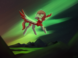 Size: 1800x1350 | Tagged: safe, artist:raya, derpibooru import, oc, oc only, oc:deepest apologies, pegasus, pony, aurora borealis, clothes, colored wings, flying, hoodie, mountain, mountain range, multicolored wings, night, smiling, solo, spread wings, wings