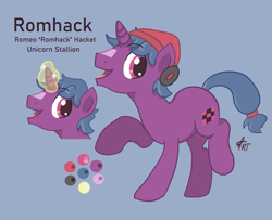 Size: 2843x2303 | Tagged: safe, artist:roachtoon, derpibooru import, oc, oc:roachtoon, oc:romhack, pony, unicorn, beanie, blue mane, cutie mark, hat, headphones, magic, male, open mouth, pink eyes, raised hoof, raised leg, reference sheet, show accurate, smiling, stallion