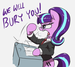 Size: 1500x1350 | Tagged: safe, artist:t72b, derpibooru import, starlight glimmer, pony, unicorn, bipedal, bipedal leaning, clothes, equal cutie mark, glasses, historical roleplay starlight, leaning, nikita khrushchev, s5 starlight, soviet union, speech, suit, talking