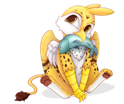Size: 2107x1765 | Tagged: safe, artist:s.l.guinefort, derpibooru import, oc, oc only, cheetah, fish, griffon, beak, chest fluff, claws, digital art, feather, fluffy, griffon oc, male, paw pads, simple background, sitting, solo, white background