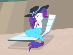 Size: 2816x2112 | Tagged: safe, artist:draymanor57, derpibooru import, part of a set, rarity, mermaid, equestria girls, beach, beach chair, bikini, bikini top, clothes, gritted teeth, hat, mermaidized, mermarity, solo, species swap, swimsuit, transformation