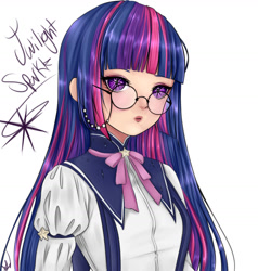 Size: 1280x1345 | Tagged: safe, artist:anykaudi, derpibooru import, twilight sparkle, human, anime style, female, glasses, humanized, simple background, solo, white background