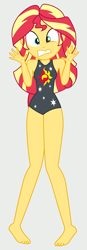 Size: 984x2816 | Tagged: safe, alternate version, artist:draymanor57, derpibooru import, sunset shimmer, human, equestria girls, barefoot, clothes, feet, one-piece swimsuit, shocked, sleeveless, solo, swimsuit, swimsuit edit, vector