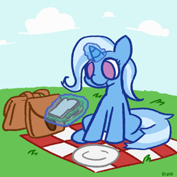 Size: 2500x2500 | Tagged: safe, artist:bilayer, derpibooru import, trixie, pony, unicorn, cute, food, great and powerful, happy, lunch bag, sandwich, solo