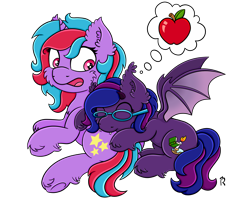 Size: 2500x2000 | Tagged: safe, artist:dawn-designs-art, derpibooru import, oc, oc only, oc:cosmic spark, oc:velvet daydream, bat pony, pony, unicorn, apple, biting, fangs, food, glasses, happy, lying down, nom, shocked, simple background, surprised, thought bubble, transparent background