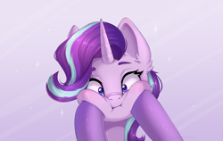 Size: 2238x1418 | Tagged: safe, artist:jennyberry, derpibooru import, starlight glimmer, twilight sparkle, pony, unicorn, :i, cheek squish, fluffy, offscreen character, redraw, solo focus, squishy cheeks