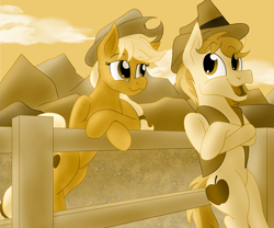 Size: 2400x1997 | Tagged: safe, artist:sixes&sevens, derpibooru import, applejack, braeburn, earth pony, pony, applejack's hat, braeburn's hat, cousins, cowboy hat, crossed hooves, desert, fence, freckles, hat, leaning, leaning on fence, monochrome, mountain, mountain range