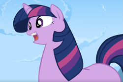 Size: 1097x729 | Tagged: safe, artist:misterdavey, derpibooru import, twilight sparkle, unicorn twilight, pony, unicorn, female, grimdark source, grotesque source, mare, missing cutie mark, moments before disaster, open mouth, perspective, smile hd, solo