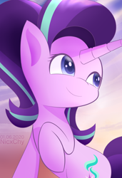 Size: 1750x2560 | Tagged: safe, artist:nicxchy, derpibooru import, starlight glimmer, pony, unicorn, cute, female, glimmerbetes, high res, looking up, mare, raised hoof, smiling, solo