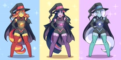 Size: 3040x1520 | Tagged: safe, artist:traupa, derpibooru import, sunset shimmer, trixie, twilight sparkle, unicorn twilight, anthro, unguligrade anthro, unicorn, anime, anime style, breasts, clothes, cutie mark, cutie mark on clothes, female, gloves, hat, long gloves, open mouth, socks, stockings, thigh highs, trio, trio female, witch, witch hat