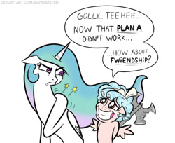 Size: 477x389 | Tagged: safe, artist:banebuster, derpibooru import, cozy glow, princess celestia, alicorn, pegasus, pony, series:tiny tia, angry, axe, grin, imminent spanking, immortality is awesome, nervous, nervous grin, simple background, smiling, speech bubble, this will end in a trip to the moon, this will end in banishment, this will not end well, to the moon, uh-oh, weapon, white background