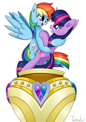 Size: 2480x3507 | Tagged: safe, alternate version, artist:twidasher, derpibooru import, rainbow dash, twilight sparkle, unicorn twilight, pegasus, pony, unicorn, dancing, female, lesbian, looking at each other, miniature, shipping, signature, simple background, transparent background, twidash