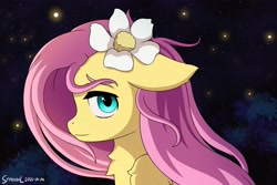 Size: 4096x2731 | Tagged: safe, artist:symbianl, derpibooru import, fluttershy, firefly (insect), insect, pegasus, pony, bust, chest fluff, cute, ears, female, floppy ears, flower, flower in hair, folded wings, high res, looking at you, mare, night, outdoors, portrait, profile, shyabetes, solo, stray strand, windswept mane, wings