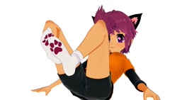 Size: 1280x720 | Tagged: safe, artist:legions20, derpibooru import, scootaloo, equestria girls, 3d, cat ears, cat socks, clothes, cute, cutealoo, feet, happy, heart eyes, hoodie, mmd, paw socks, shorts, socks, stocking feet, wingding eyes