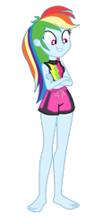 Size: 763x1656 | Tagged: safe, alternate version, artist:gmaplay, derpibooru import, rainbow dash, human, equestria girls, clothes, crossed arms, hatless, looking down, missing accessory, simple background, solo, swimsuit, transparent background, vector